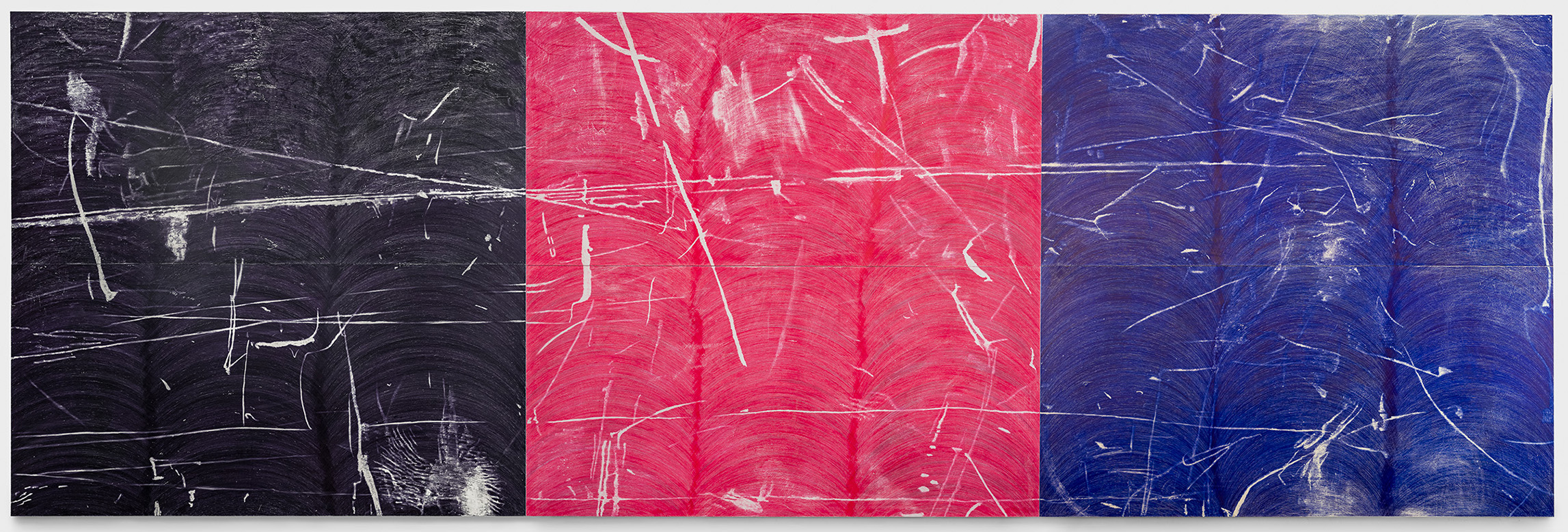 <i>Apte à tout penser, née pratiquement vide</i>, 2024. Ballpen on wood panel, 96 x 295 1/4 x 2 in (244 x 750 x 5 cm)